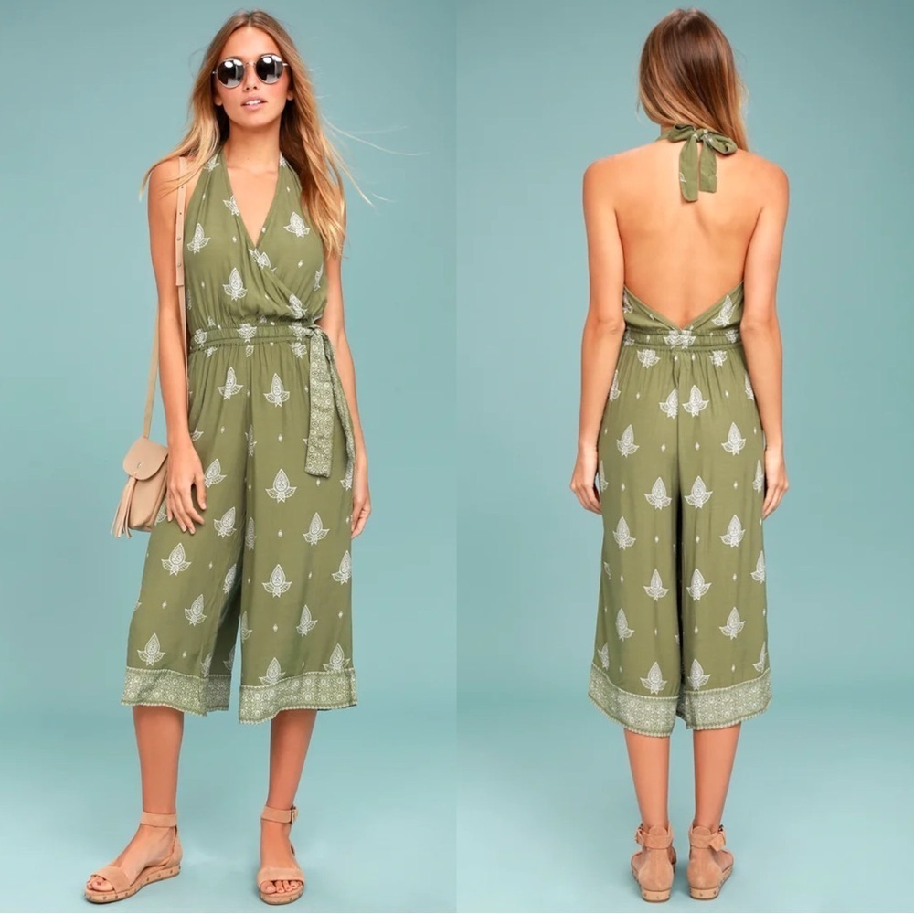 Faithfull the Brand Lima Sage Green Print Halter Midi Jumpsuit L FLAW